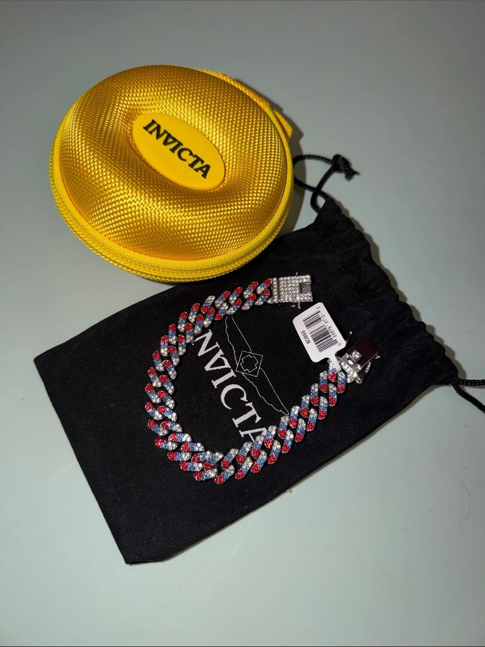 Invicta Red, Blue & Silver Crystal Cuban Link Bracelet with Dust Bag and Case
